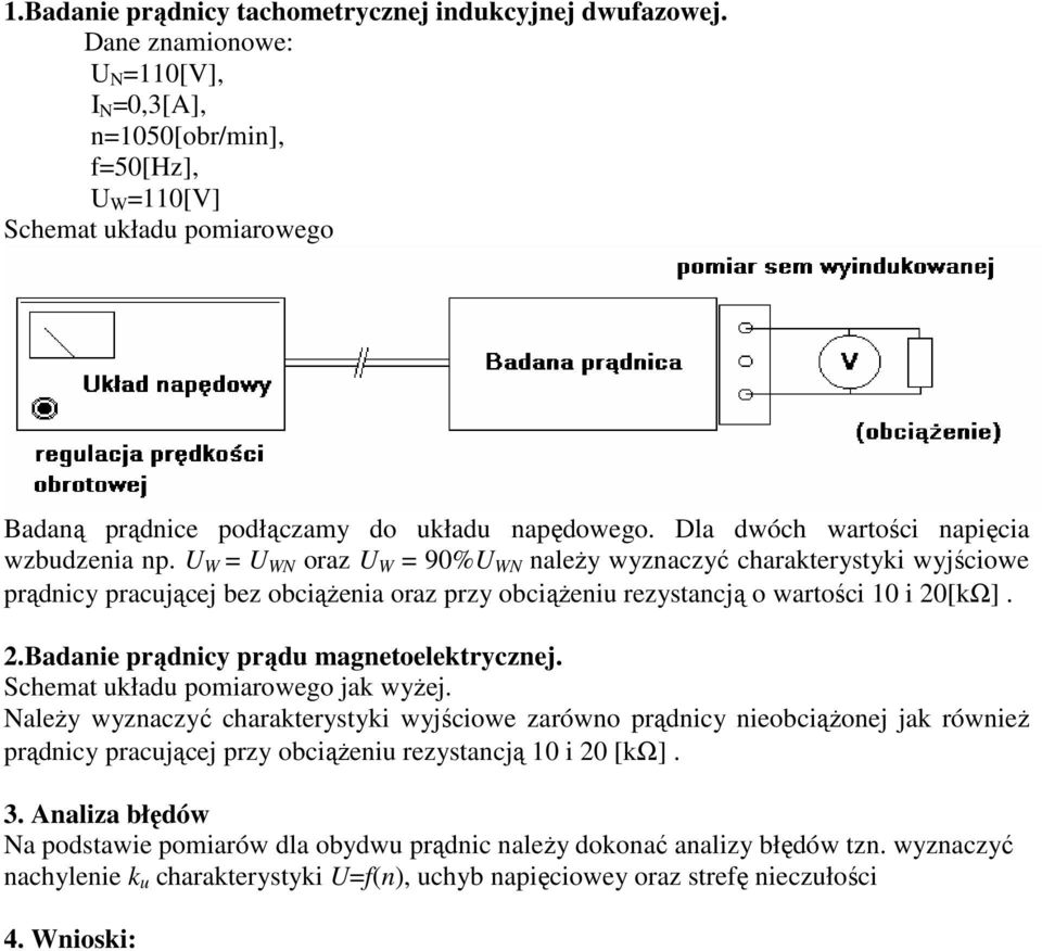 U W = U WN oraz U W = 90%U WN naleŝy wyznaczyć charakterystyki wyjściowe prądnicy pracującej bez obciąŝenia oraz przy obciąŝeniu rezystancją o wartości 10 i 20