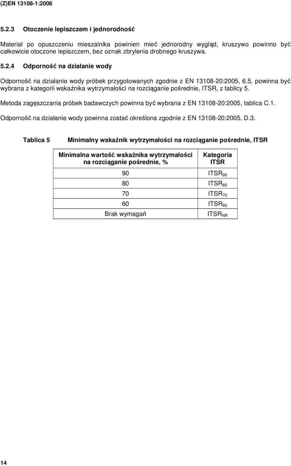 5, powinna być wybrana z kategorii wskaźnika wytrzymałości na rozciąganie pośrednie, ITSR, z tablicy 5. Metoda zagęszczania próbek badawczych powinna być wybrana z EN 13