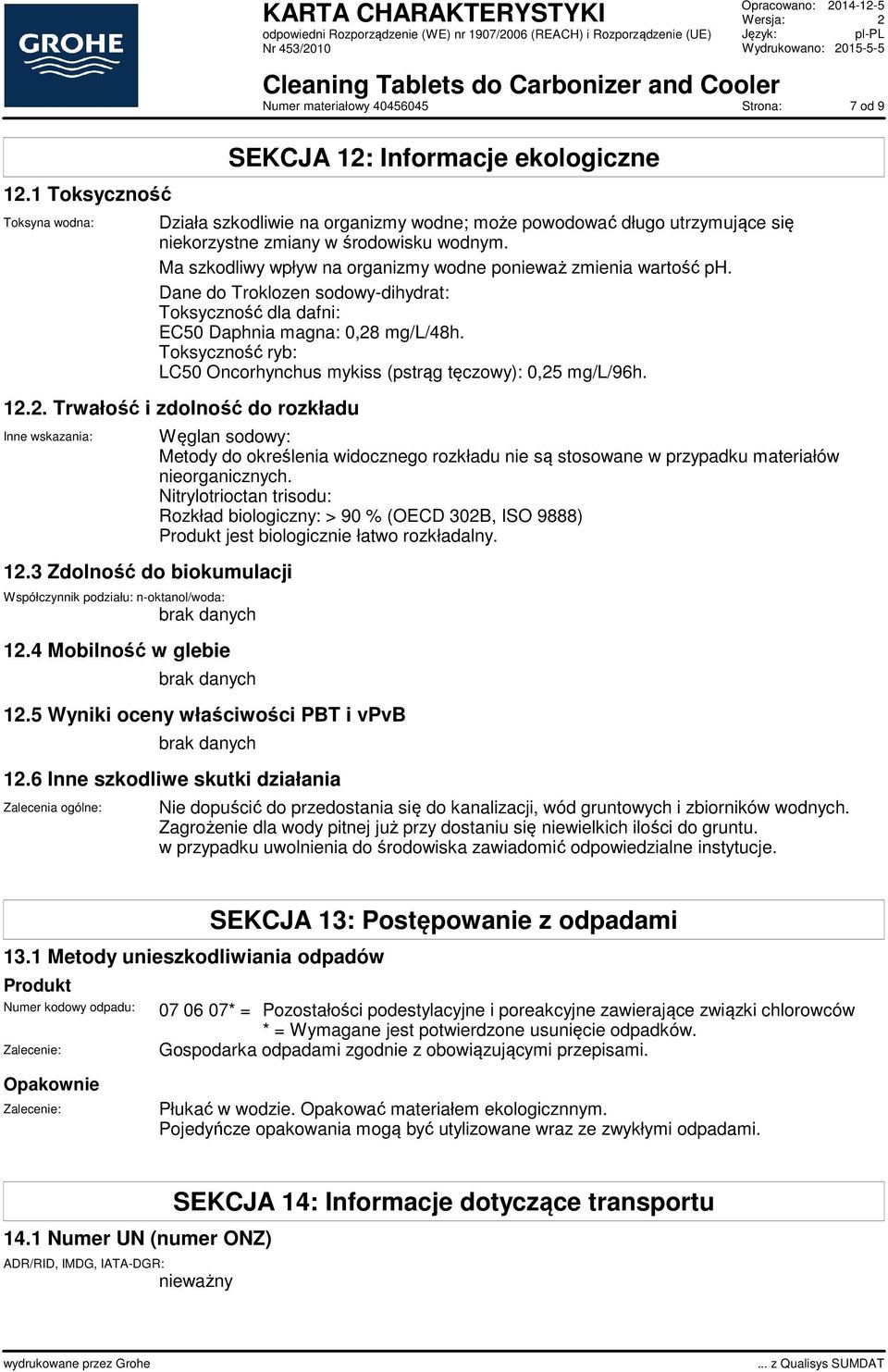 Toksyczność ryb: LC50 Oncorhynchus mykiss (pstrąg tęczowy): 0,25 mg/l/96h. 12.2. Trwałość i zdolność do rozkładu Inne wskazania: 12.