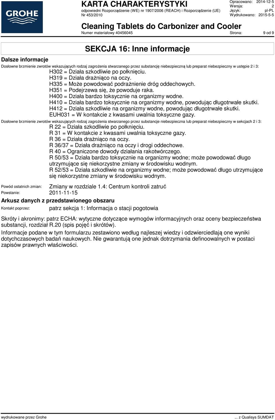 H400 = Działa bardzo toksycznie na organizmy wodne. H410 = Działa bardzo toksycznie na organizmy wodne, powodując długotrwałe skutki.