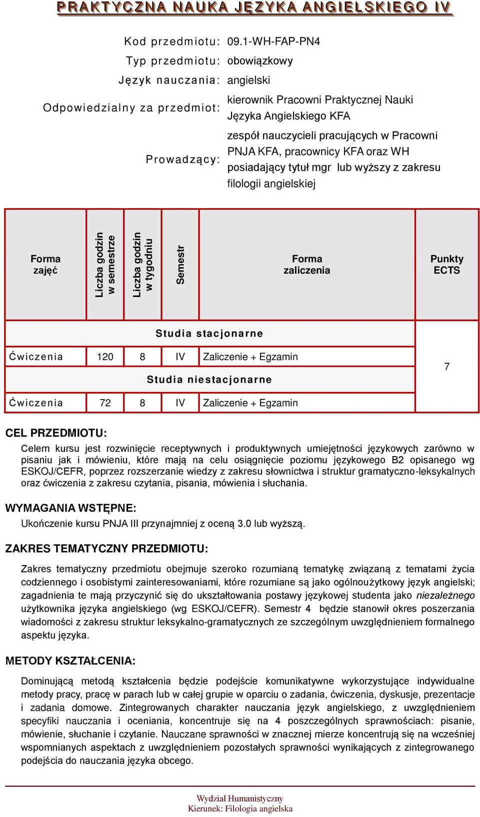 pracujących w Pracowni PNJA KFA, pracownicy KFA oraz WH posiadający tytuł mgr lub wyższy z zakresu filologii angielskiej zajęć zaliczenia Punkty ECTS Studia stacjonarne Ćwic zenia 120 8 IV Zaliczenie