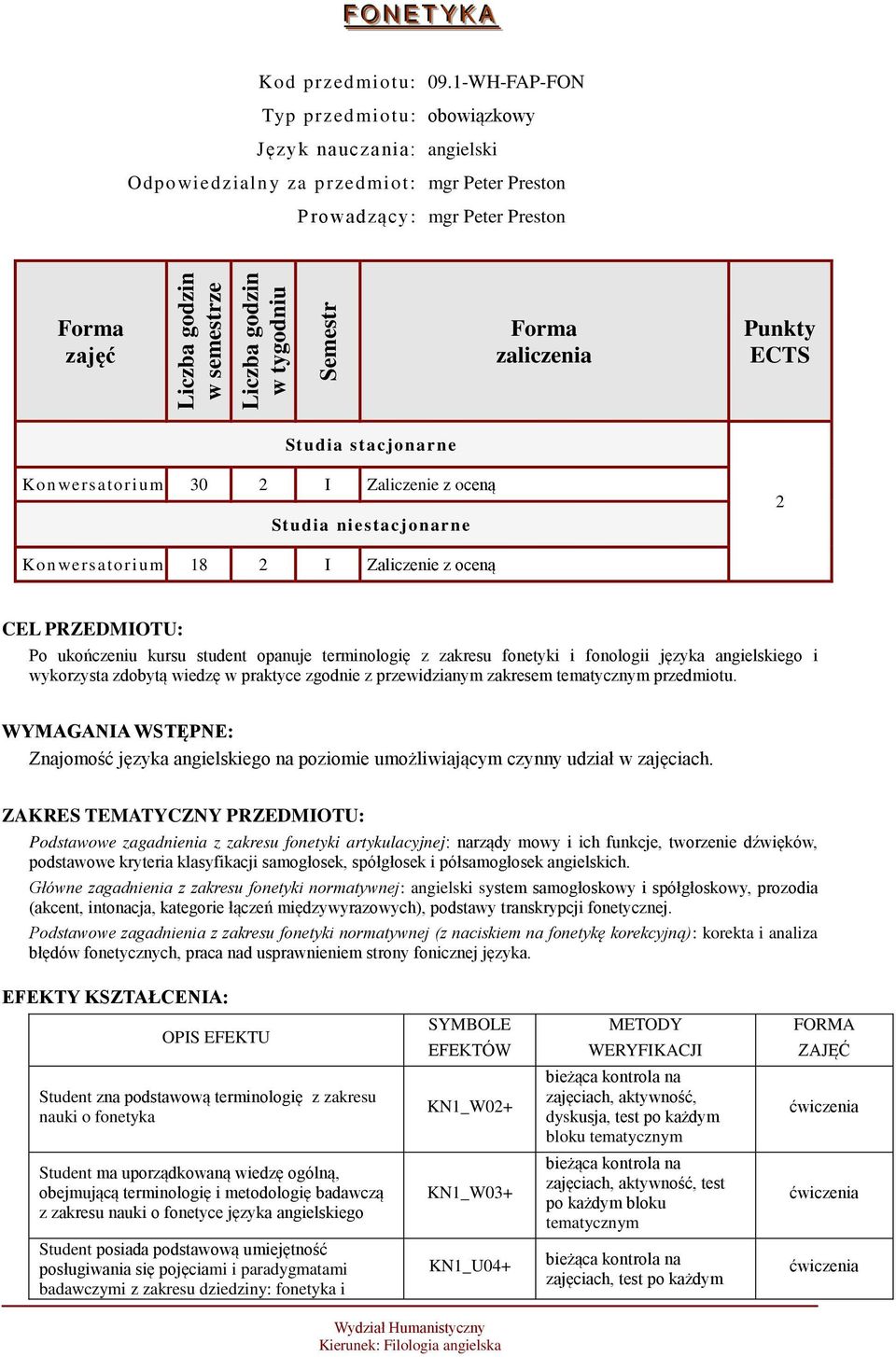 wersatorium 30 2 I Zaliczenie z oceną Studia niestacjonarne 2 Kon wersatorium 18 2 I Zaliczenie z oceną CEL PRZEDMIOTU: Po ukończeniu kursu student opanuje terminologię z zakresu fonetyki i fonologii