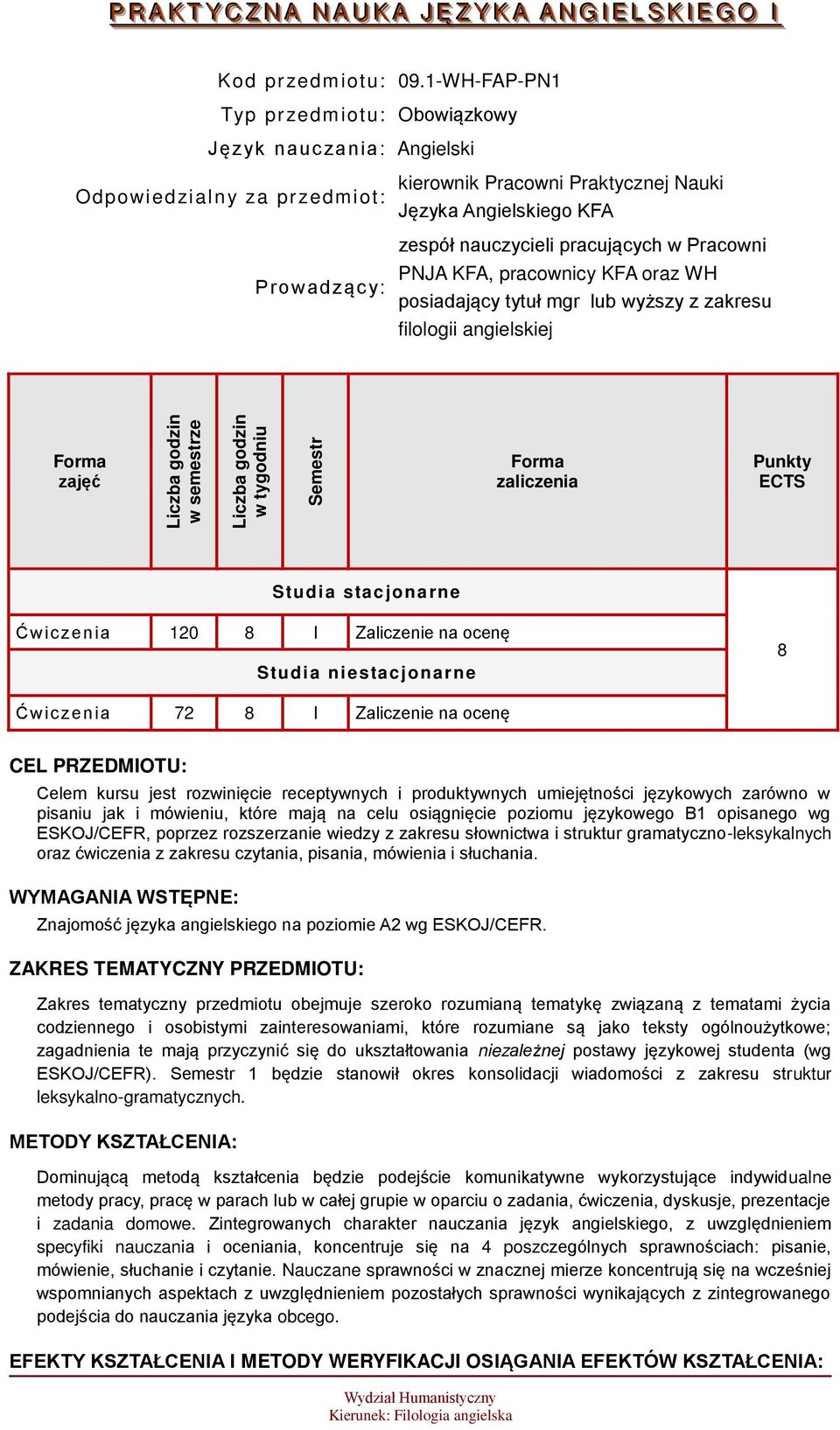 pracujących w Pracowni PNJA KFA, pracownicy KFA oraz WH posiadający tytuł mgr lub wyższy z zakresu filologii angielskiej zajęć zaliczenia Punkty ECTS Studia stacjonarne Ćwic zenia 120 8 I Zaliczenie