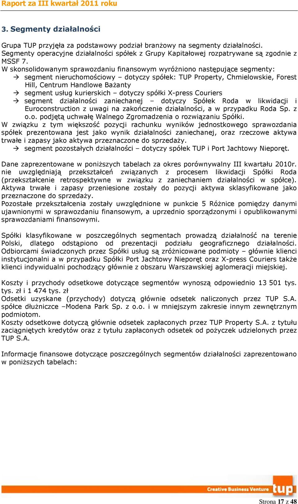 kurierskich dotyczy spółki X-press Couriers segment działalności zaniechanej dotyczy Spółek Roda w likwidacji i Euroconstruction z uwagi na zakończenie działalności, a w przypadku Roda Sp. z o.o. podjętą uchwałę Walnego Zgromadzenia o rozwiązaniu Spółki.