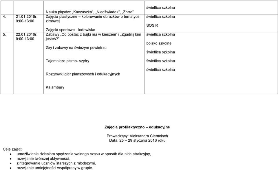 9:00-13:00 Nauka pląsów: Kaczuszka, Niedźwiadek, Zorro Zajęcia plastyczne kolorowanie obrazków o tematyce zimowej Zajęcia sportowe - lodowisko Zabawy Co postać z bajki