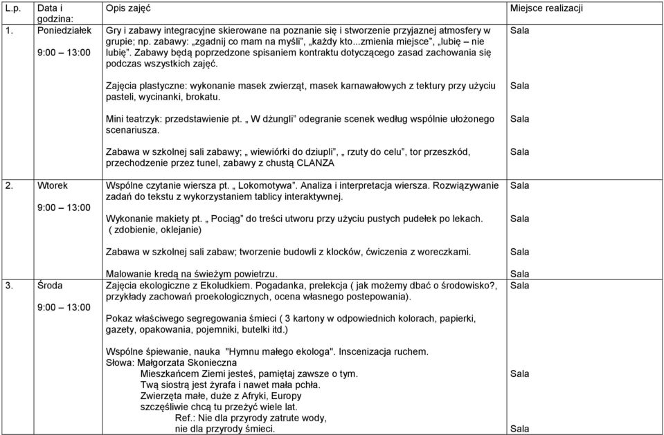 Zajęcia plastyczne: wykonanie masek zwierząt, masek karnawałowych z tektury przy użyciu pasteli, wycinanki, brokatu. Mini teatrzyk: przedstawienie pt.