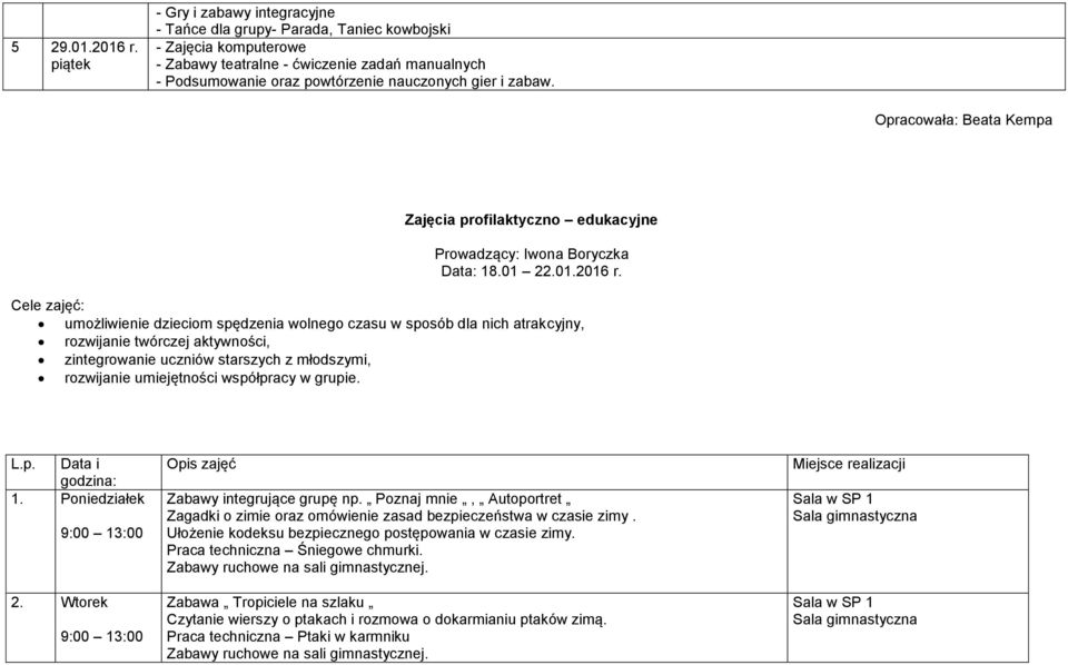 zabaw. Opracowała: Beata Kempa Zajęcia profilaktyczno edukacyjne Prowadzący: Iwona Boryczka Data: 18.01 22.01.2016 r.