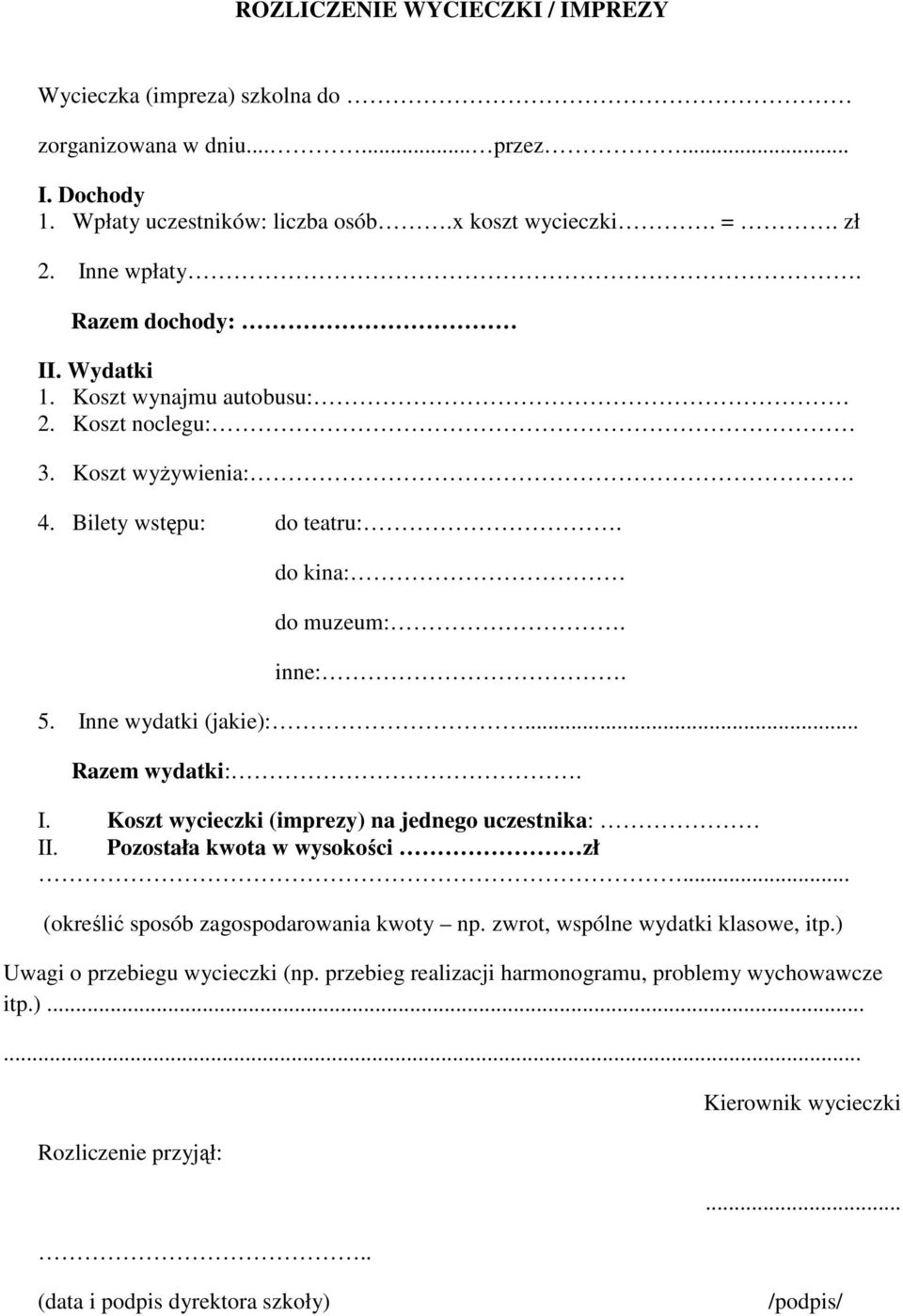 .. Razem wydatki:. I. Koszt wycieczki (imprezy) na jednego uczestnika: II. Pozostała kwota w wysokości zł... (określić sposób zagospodarowania kwoty np.