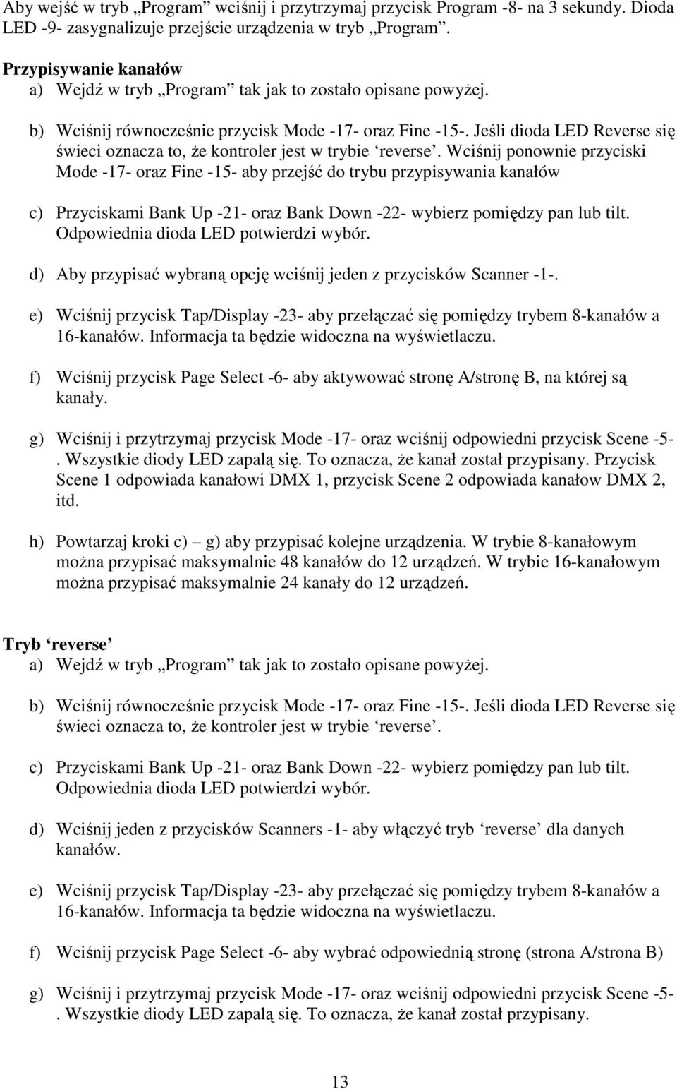 Wciśnij ponownie przyciski Mode -17- oraz Fine -15- aby przejść do trybu przypisywania kanałów c) Przyciskami Bank Up -21- oraz Bank Down -22- wybierz pomiędzy pan lub tilt.