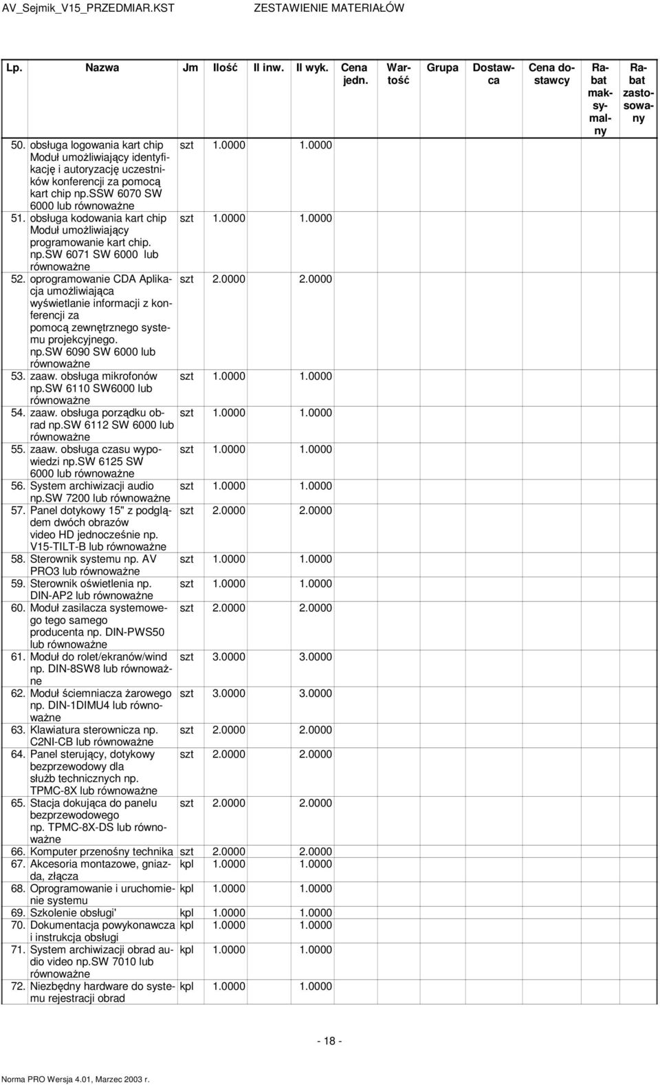 0000 Moduł umożliwiający programowanie kart chip. np.sw 6071 SW 6000 lub 52. oprogramowanie CDA Aplikacja szt 2.0000 2.