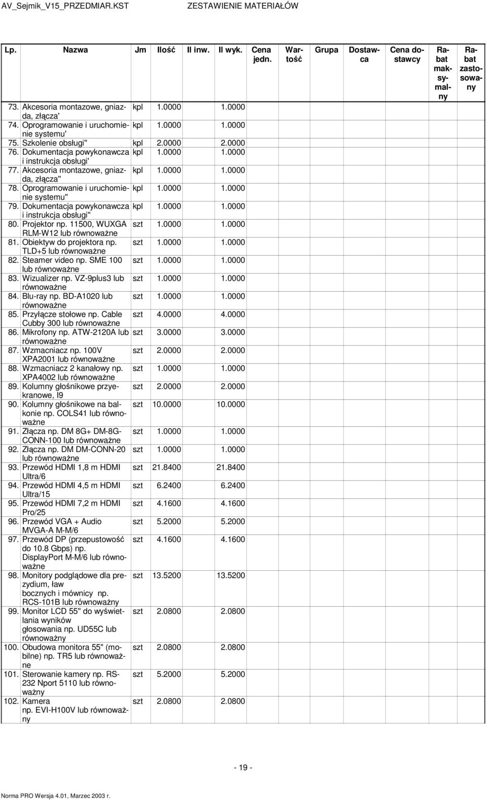 Dokumentacja powykonawcza 1.0000 1.0000 i instrukcja obsługi'' 80. Projektor np. 11500, WUXGA szt 1.0000 1.0000 RLM-W12 lub 81. Obiektyw do projektora np. szt 1.0000 1.0000 TLD+5 lub 82.