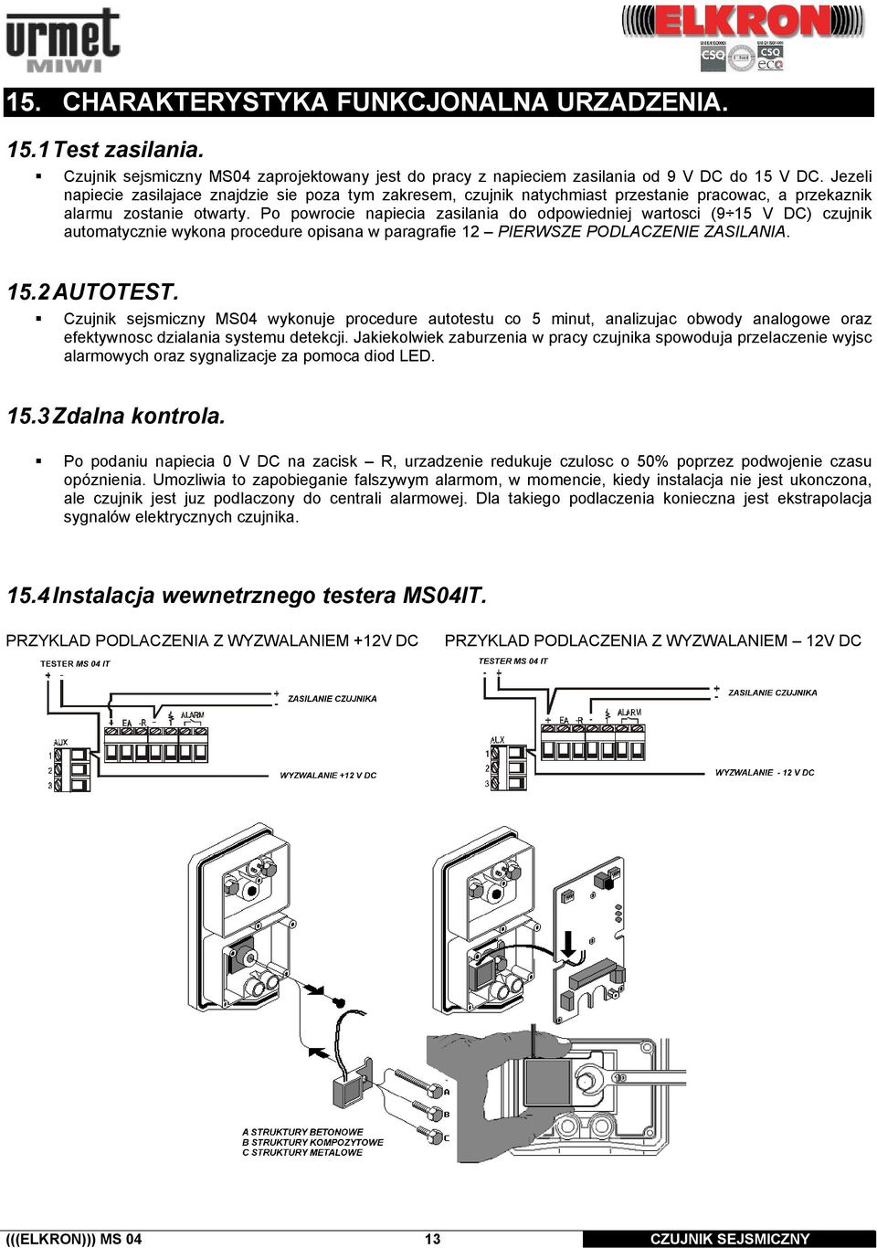 Po powrocie napiecia zasilania do odpowiedniej wartosci (9 15 V DC) czujnik automatycznie wykona procedure opisana w paragrafie 12 PIERWSZE PODLACZENIE ZASILANIA. 15.2 AUTOTEST.