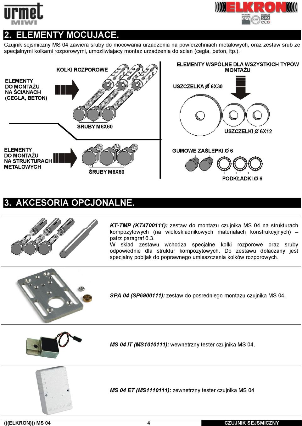 beton, itp.). 3. AKCESORIA OPCJONALNE. KT-TMP (KT4700111): zestaw do montazu czujnika MS 04 na strukturach kompozytowych (na wieloskladnikowych materialach konstrukcyjnych) patrz paragraf 6.3. W sklad zestawu wchodza specjalne kolki rozporowe oraz sruby odpowiednie dla struktur kompozytowych.