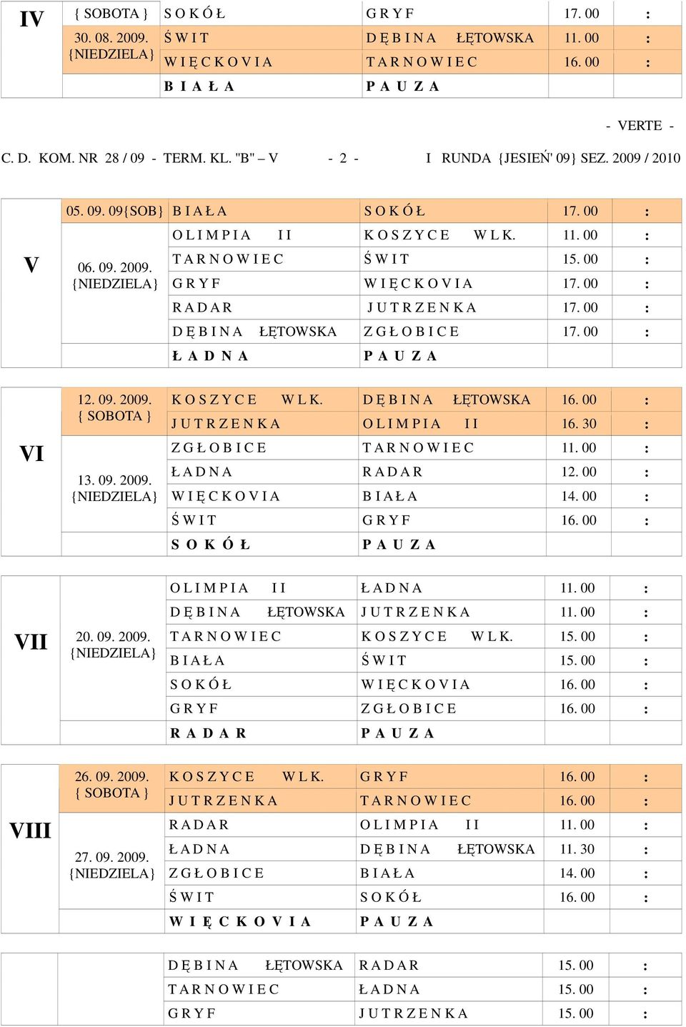 00 : G R Y F W I Ę C K O V I A 17. 00 : R A D A R J U T R Z E N K A 17. 00 : D Ę B I N A ŁĘTOWSKA Z G Ł O B I C E 17. 00 : Ł A D N A P A U Z A VI 12. 09. 2009. 13. 09. 2009. K O S Z Y C E W L K.