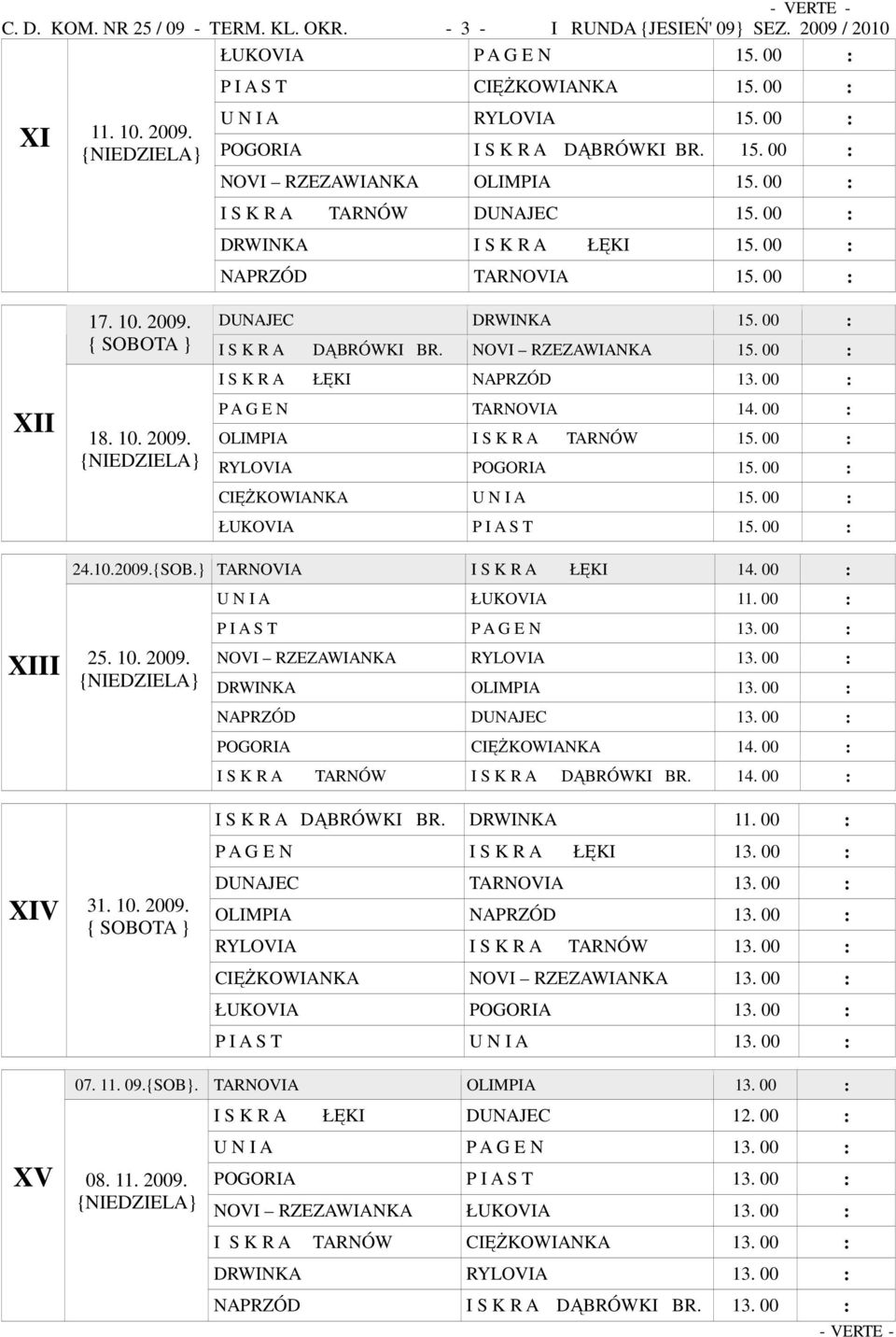 DUNAJEC DRWINKA 15. 00 : I S K R A DĄBRÓWKI BR. NOVI RZEZAWIANKA 15. 00 : XII 18. 10. 2009. I S K R A ŁĘKI NAPRZÓD 13. 00 : P A G E N TARNOVIA 14. 00 : OLIMPIA I S K R A TARNÓW 15.