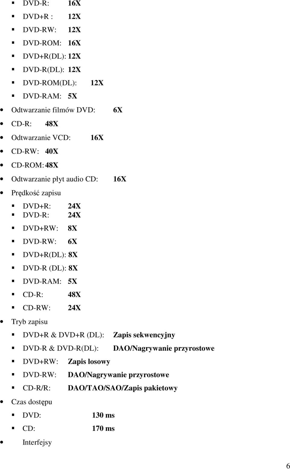 DVD+R(DL): 8X DVD-R (DL): 8X DVD-RAM: 5X CD-R: 48X CD-RW: 24X Tryb zapisu DVD+R & DVD+R (DL): Zapis sekwencyjny DVD-R & DVD-R(DL):