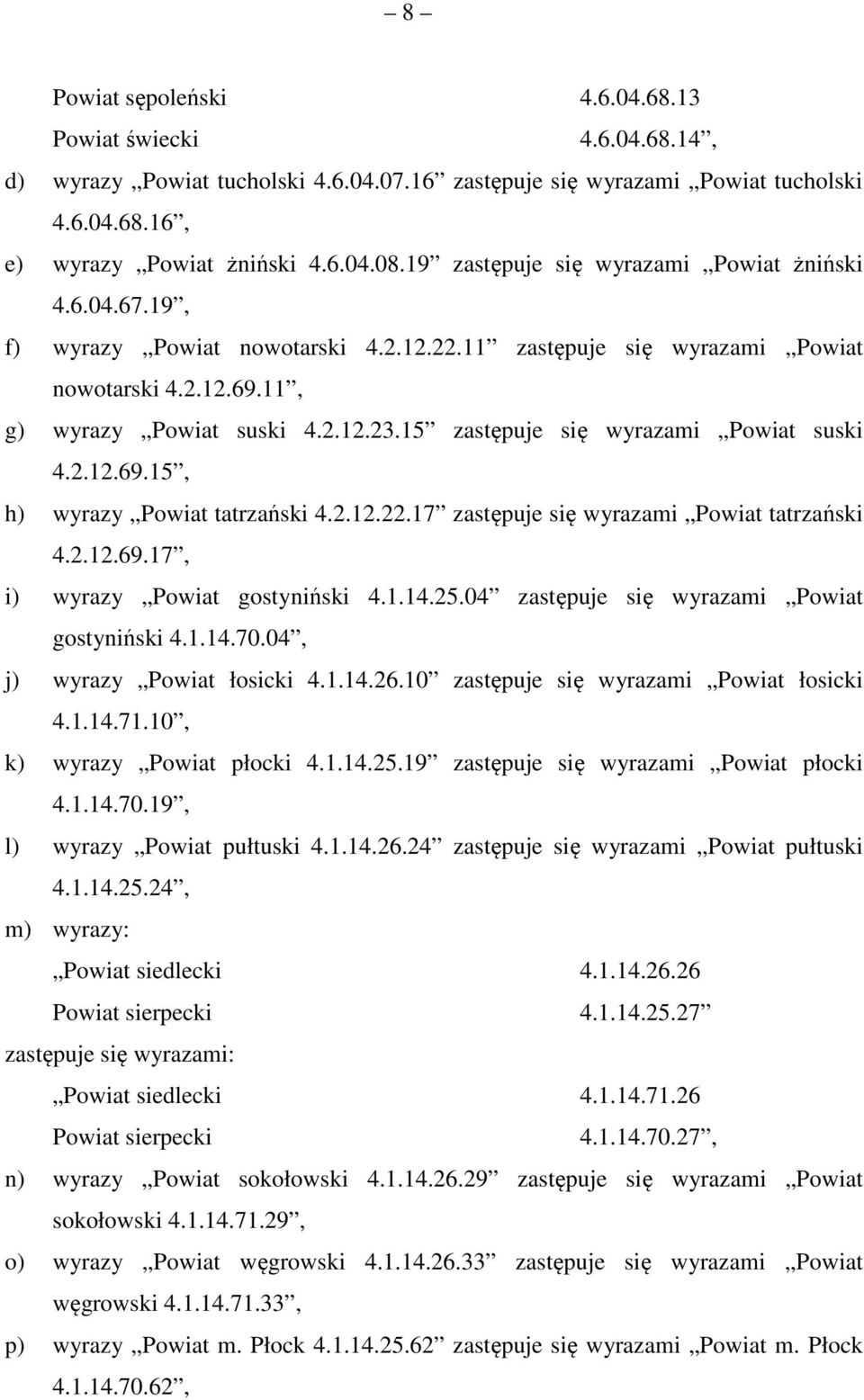 15 zastępuje się wyrazami Powiat suski 4.2.12.69.15, h) wyrazy Powiat tatrzański 4.2.12.22.17 zastępuje się wyrazami Powiat tatrzański 4.2.12.69.17, i) wyrazy Powiat gostyniński 4.1.14.25.