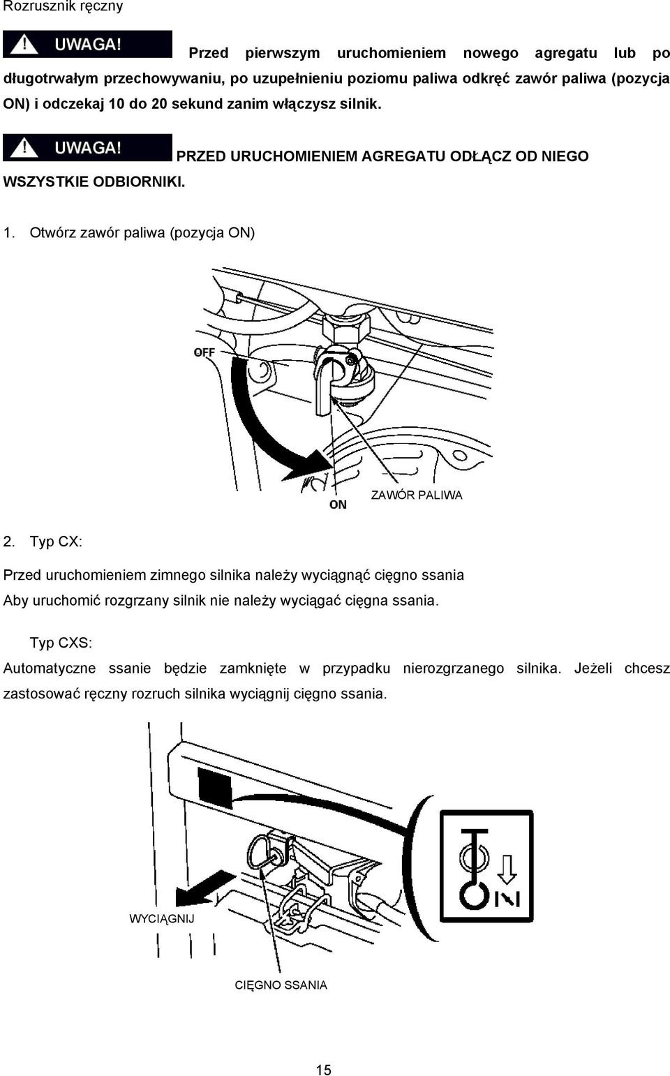 Typ CX: Przed uruchomieniem zimnego silnika należy wyciągnąć cięgno ssania Aby uruchomić rozgrzany silnik nie należy wyciągać cięgna ssania.