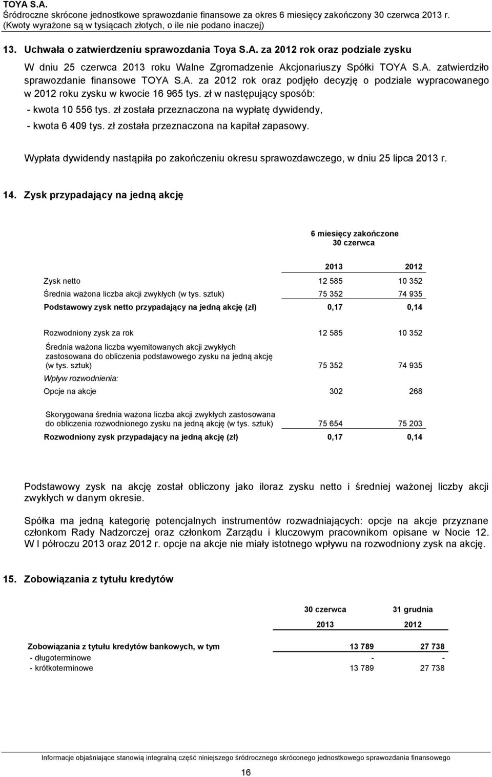 zł została przeznaczona na wypłatę dywidendy, - kwota 6 409 tys. zł została przeznaczona na kapitał zapasowy. Wypłata dywidendy nastąpiła po zakończeniu okresu sprawozdawczego, w dniu 25 lipca 2013 r.