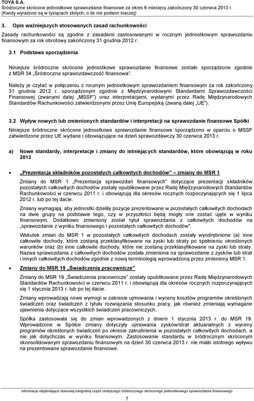 Należy je czytać w połączeniu z rocznym jednostkowym sprawozdaniem finansowym za rok zakończony 31 grudnia 2012 r.