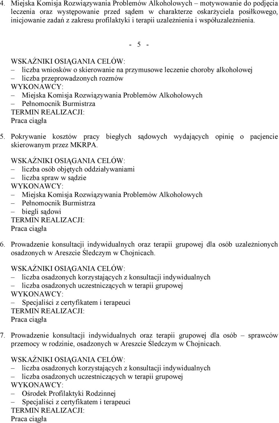 Pokrywanie kosztów pracy biegłych sądowych wydających opinię o pacjencie skierowanym przez MKRPA. liczba osób objętych oddziaływaniami liczba spraw w sądzie biegli sądowi 6.