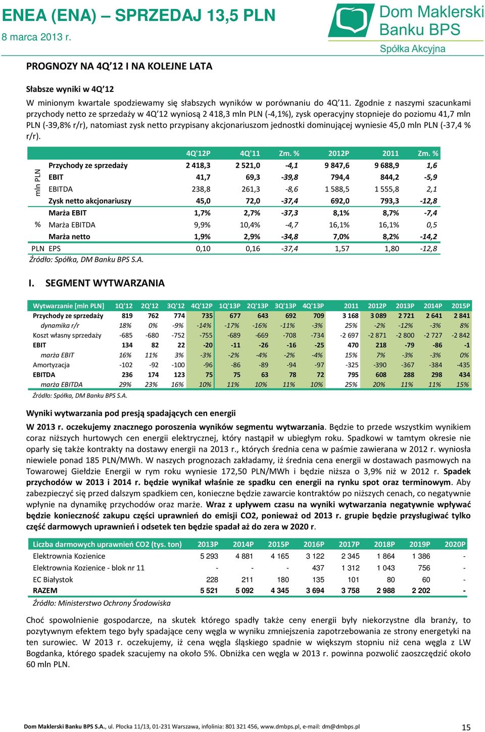 akcjonariuszom jednostki dominującej wyniesie 45,0 mln PLN (-37,4 % r/r). mln PLN 4Q'12P 4Q'11 Zm. % 2012P 2011 Zm.