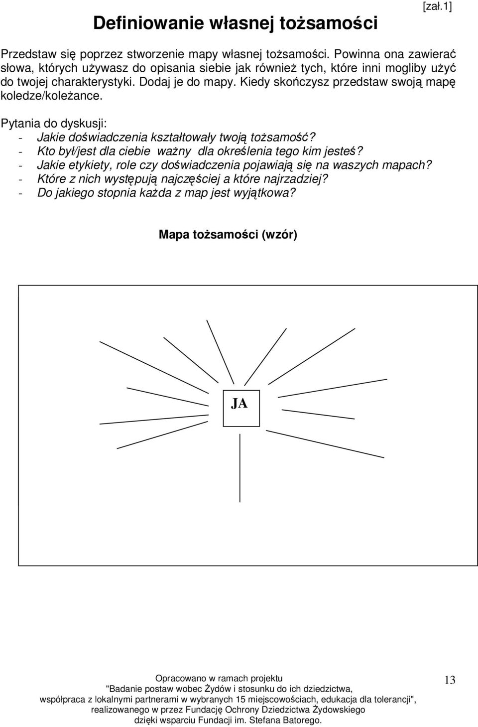 Kiedy skończysz przedstaw swoją mapę koledze/koleżance. Pytania do dyskusji: - Jakie doświadczenia kształtowały twoją tożsamość?