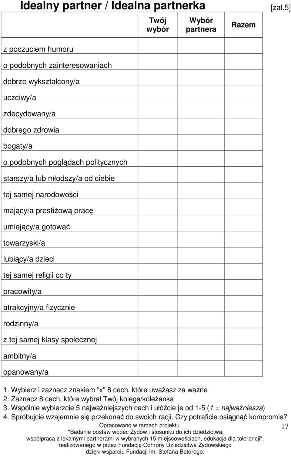 rodzinny/a z tej samej klasy społecznej ambitny/a opanowany/a Twój wybór Wybór partnera Razem [zał.5] 1. Wybierz i zaznacz znakiem "x" 8 cech, które uważasz za ważne 2.