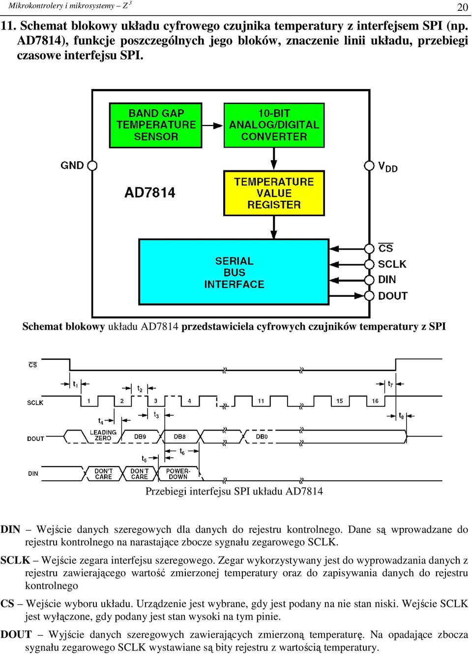 Schemat blokowy układu AD7814 przedstawiciela cyfrowych czujników temperatury z SPI Przebiegi interfejsu SPI układu AD7814 DIN Wejście danych szeregowych dla danych do rejestru kontrolnego.