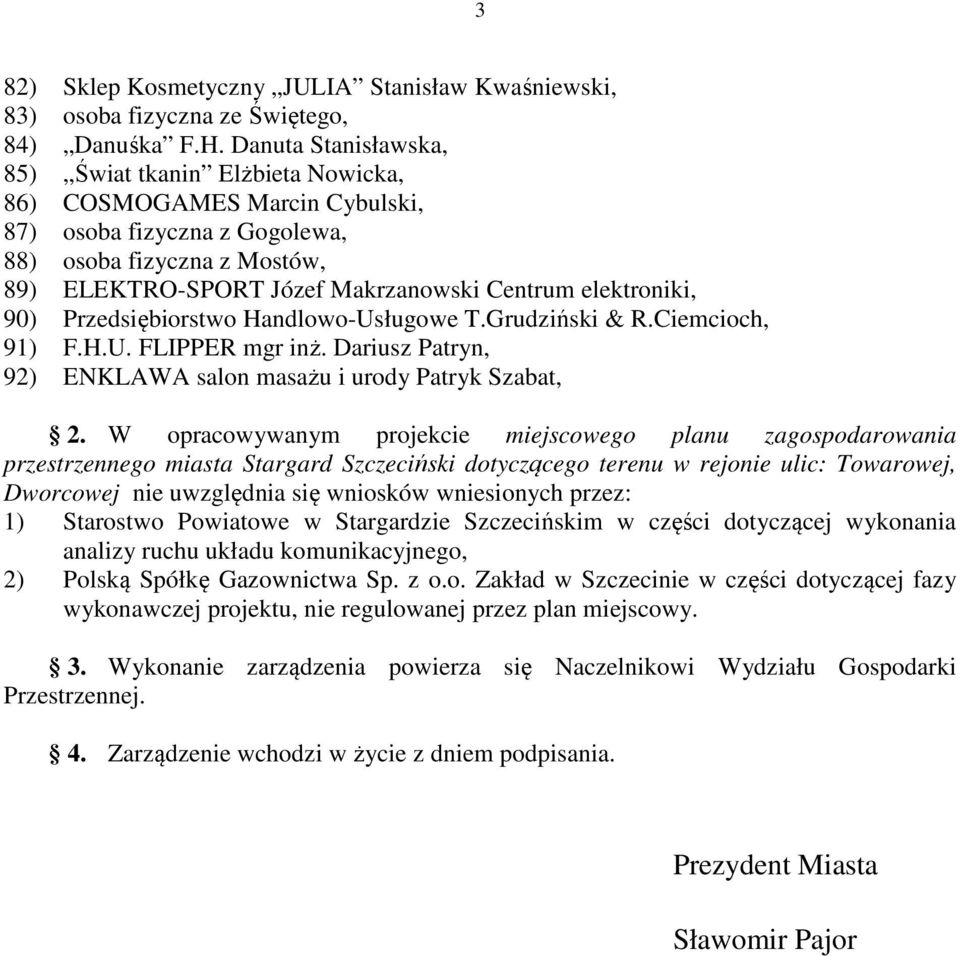 elektroniki, 90) Przedsiębiorstwo Handlowo-Usługowe T.Grudziński & R.Ciemcioch, 91) F.H.U. FLIPPER mgr inż. Dariusz Patryn, 92) ENKLAWA salon masażu i urody Patryk Szabat, 2.