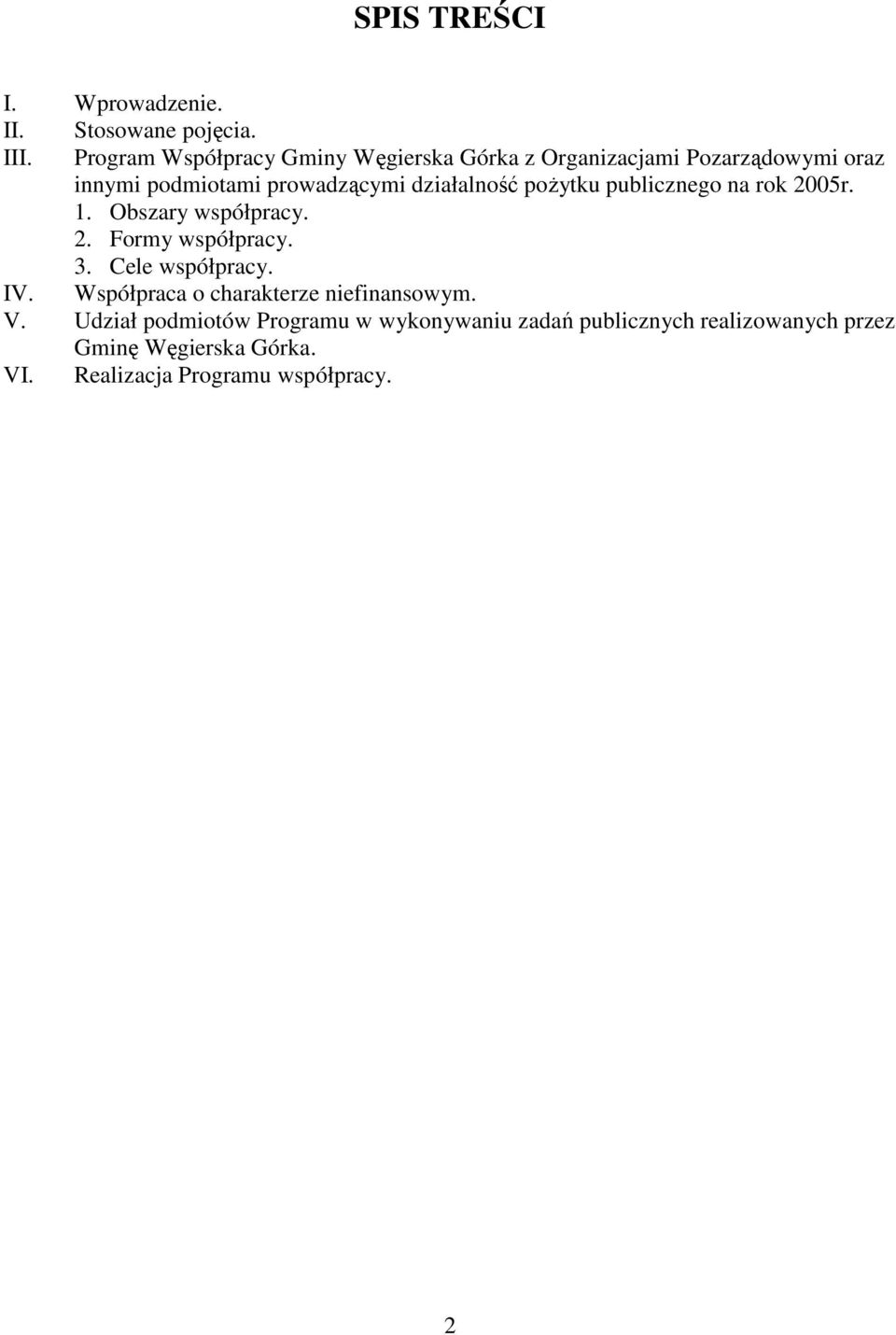 działalność poŝytku publicznego na rok 2005r. 1. Obszary współpracy. 2. Formy współpracy. 3. Cele współpracy. IV.