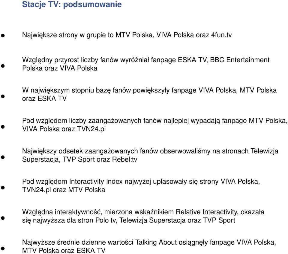 względem liczby zaangażowanych fanów najlepiej wypadają fanpage MTV Polska, VIVA Polska oraz TVN24.