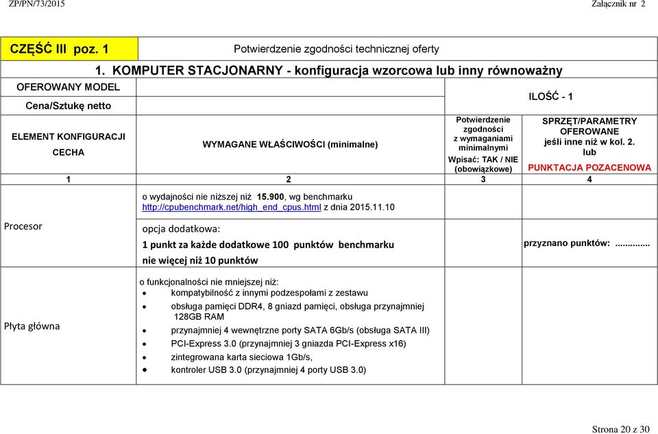 inne niż w kol. 2. minimalnymi CECHA lub Wpisać: TAK / NIE (obowiązkowe) PUNKTACJA POZACENOWA 1 2 3 4 o wydajności nie niższej niż 15.900, wg benchmarku http://cpubenchmark.net/high_end_cpus.