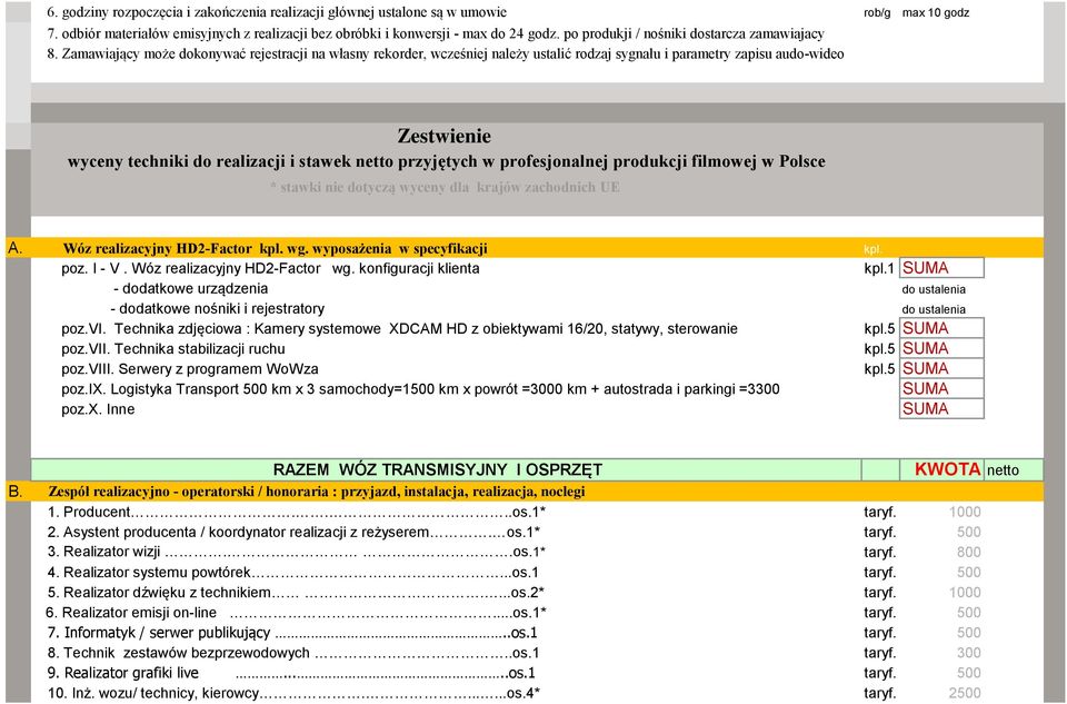 Zamawiający może dokonywać rejestracji na własny rekorder, wcześniej należy ustalić rodzaj sygnału i parametry zapisu audo-wideo Zestwienie wyceny techniki do realizacji i stawek netto przyjętych w