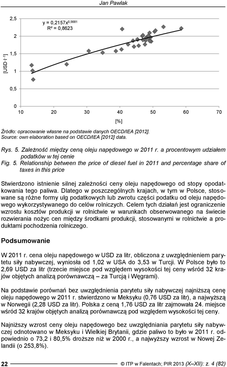 Zależność między ceną oleju napędowego w 2011 r. a procentowym udziałem podatków w tej cenie Fig. 5.