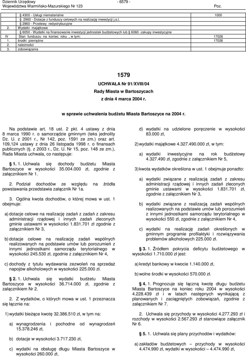 zobowiązania 1579 UCHWAŁA Nr 91/XVIII/04 Rady Miasta w Bartoszycach z dnia 4 marca 2004 r. w sprawie uchwalenia budŝetu Miasta Bartoszyce na 2004 r. Na podstawie art. 18 ust. 2 pkt.