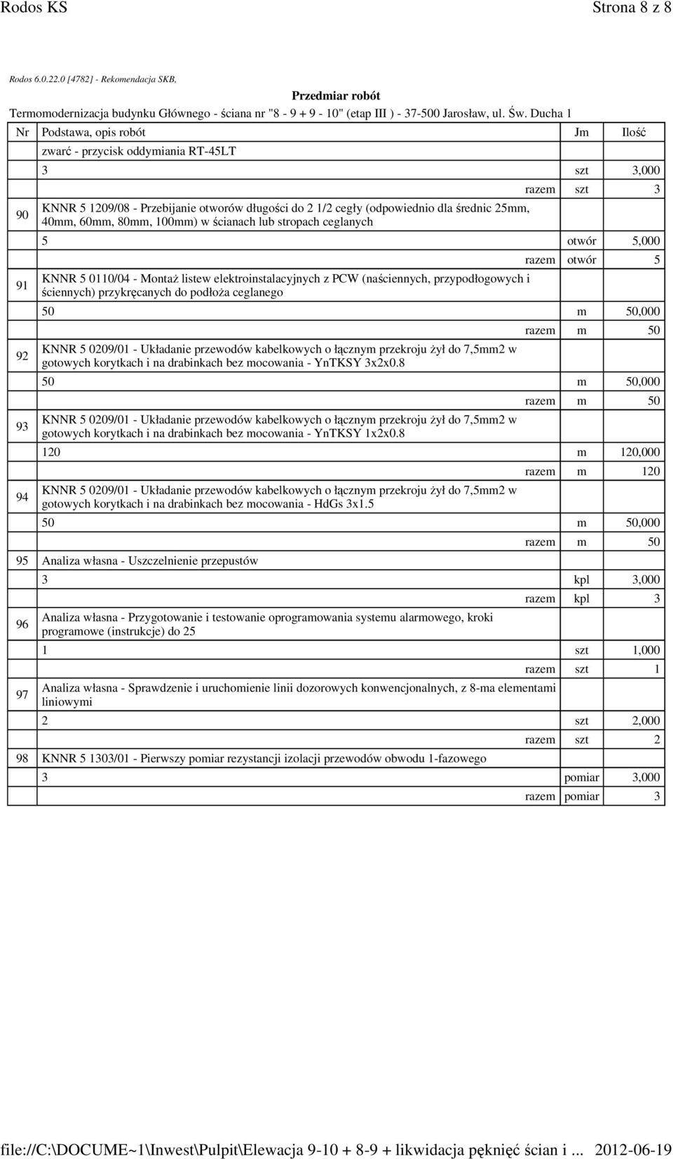 razem otwór 5 50 m 50,000 KNNR 5 0209/01 - Układanie przewodów kabelkowych o łącznym przekroju Ŝył do 7,5mm2 w gotowych korytkach i na drabinkach bez mocowania - YnTKSY 3x2x0.