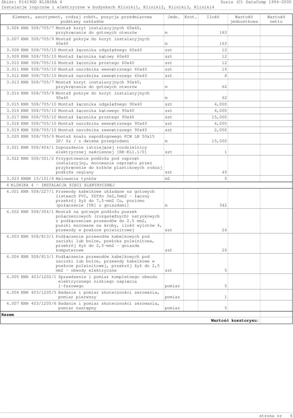 010 KNR 508/705/10 MontaŜ łącznika prostego 60x40 szt 12 3.011 KNR 508/705/10 MontaŜ naroŝnika wewnętrznego 60x40 szt 16 3.012 KNR 508/705/10 MontaŜ naroŝnika zewnętrznego 60x40 szt 8 3.