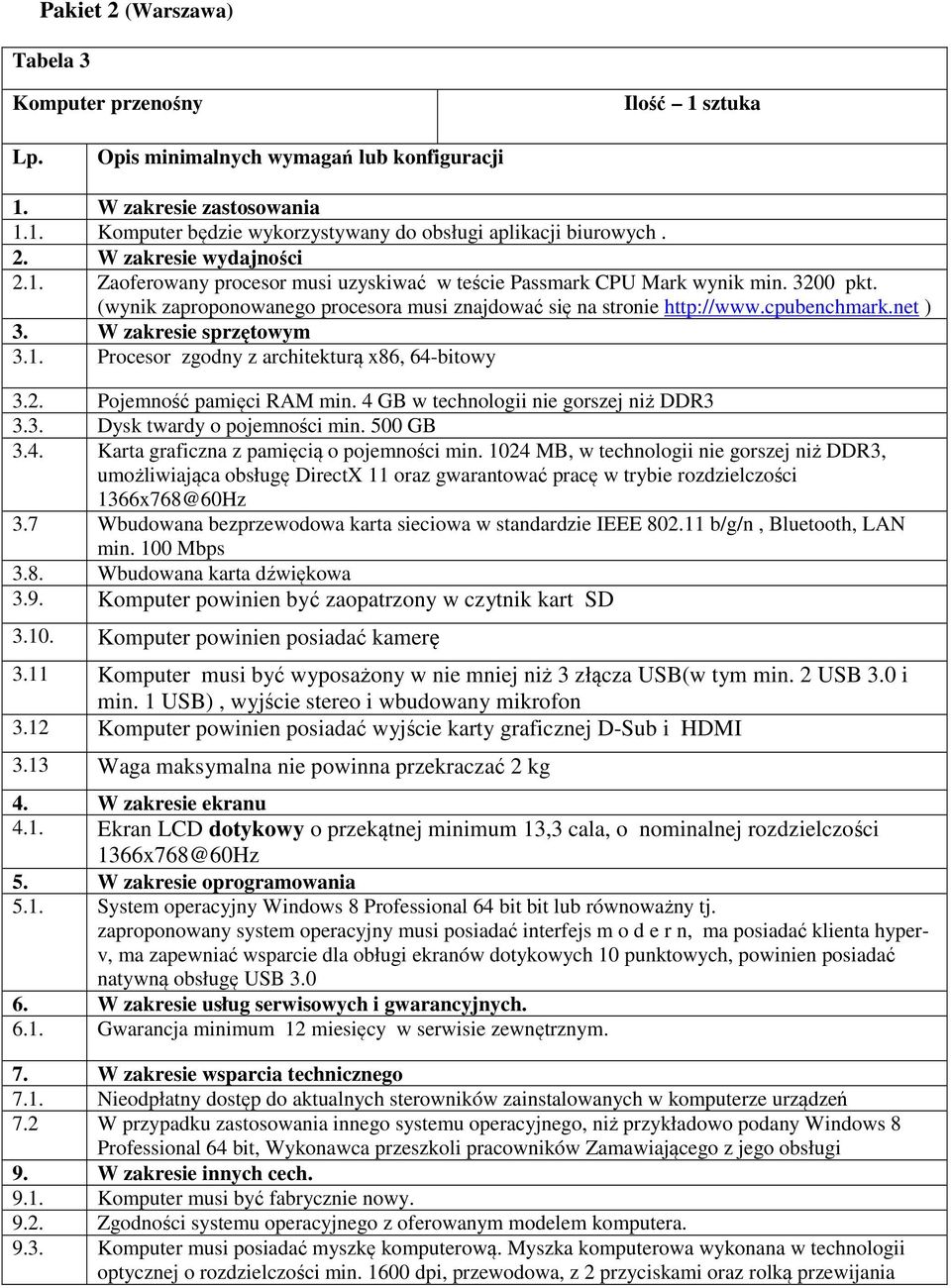 W zakresie sprzętowym 3.1. Procesor zgodny z architekturą x86, 64-bitowy 3.2. Pojemność pamięci RAM min. 4 GB w technologii nie gorszej niż DDR3 3.3. Dysk twardy o pojemności min. 500 GB 3.4. Karta graficzna z pamięcią o pojemności min.