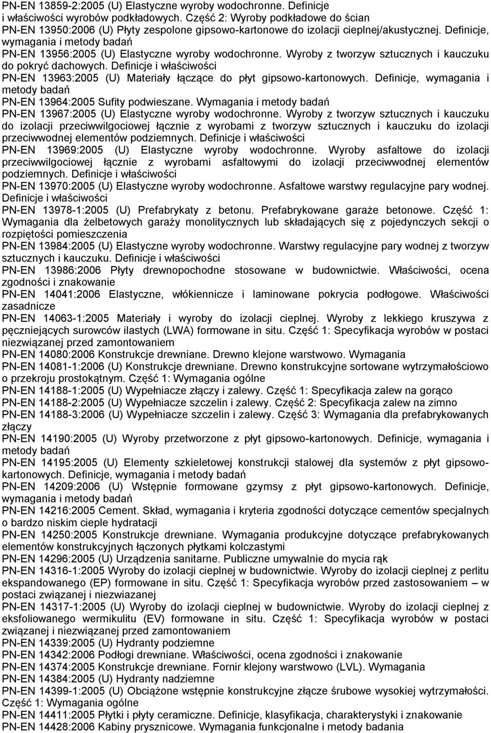 Definicje, wymagania i metody badań PN-EN 13956:2005 (U) Elastyczne wyroby wodochronne. Wyroby z tworzyw sztucznych i kauczuku do pokryć dachowych.