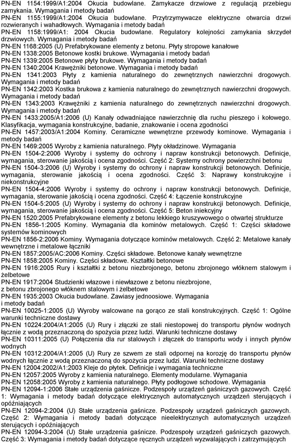 Wymagania i metody badań PN-EN 1168:2005 (U) Prefabrykowane elementy z betonu. Płyty stropowe kanałowe PN-EN 1338:2005 Betonowe kostki brukowe.