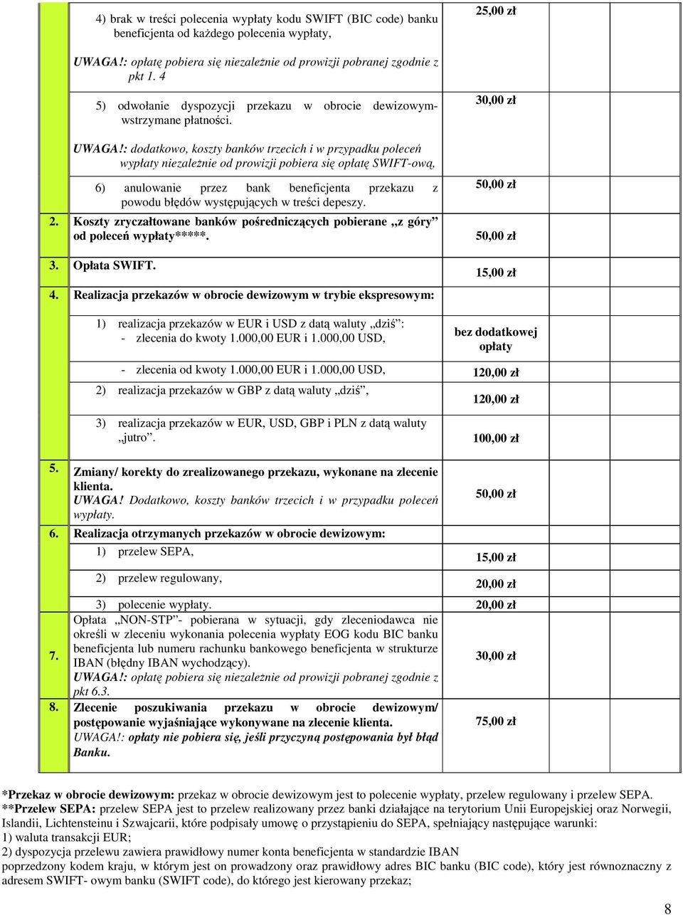 : dodatkowo, koszty banków trzecich i w przypadku poleceń wypłaty niezależnie od prowizji pobiera się opłatę SWIFT-ową, 6) anulowanie przez bank beneficjenta przekazu z powodu błędów występujących w