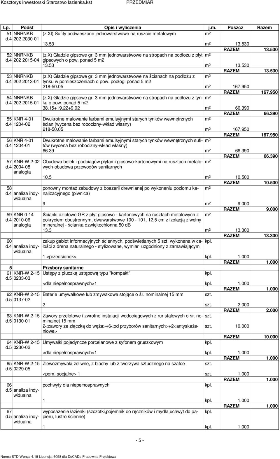 4 2010-06 60 d.4 analiza indywidualna RAZEM 13.530 (z.x) Gładzie gipsowe gr. 3 jednowarstwowe na stropach na podłożu z płyt 2 gipsowych o pow. ponad 5 2 13.53 2 13.530 RAZEM 13.530 (z.x) Gładzie gipsowe gr. 3 jednowarstwowe na ścianach na podłożu z 2 tynku w poieszczeniach o pow.