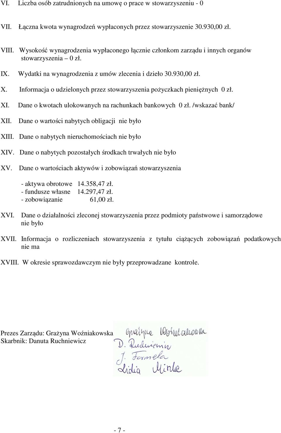 Informacja o udzielonych przez stowarzyszenia pożyczkach pieniężnych 0 zł. XI. XII. Dane o kwotach ulokowanych na rachunkach bankowych 0 zł.