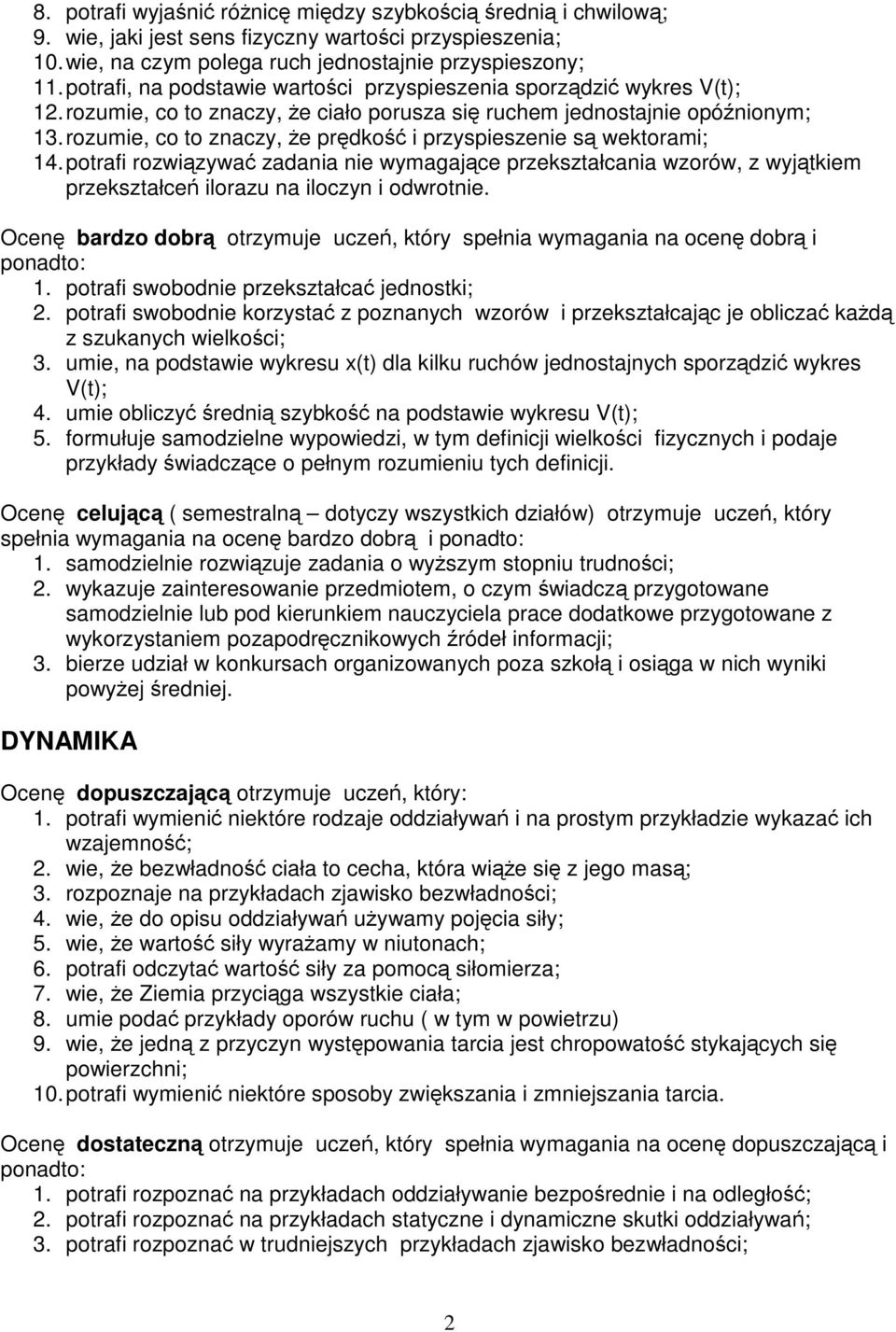 rozumie, co to znaczy, że prędkość i przyspieszenie są wektorami; 14.potrafi rozwiązywać zadania nie wymagające przekształcania wzorów, z wyjątkiem przekształceń ilorazu na iloczyn i odwrotnie.