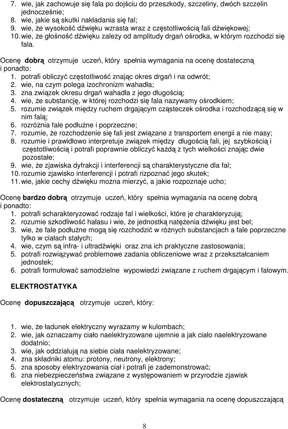 Ocenę dobrą otrzymuje uczeń, który spełnia wymagania na ocenę dostateczną 1. potrafi obliczyć częstotliwość znając okres drgań inaodwrót; 2. wie, na czym polega izochronizm wahadła; 3.