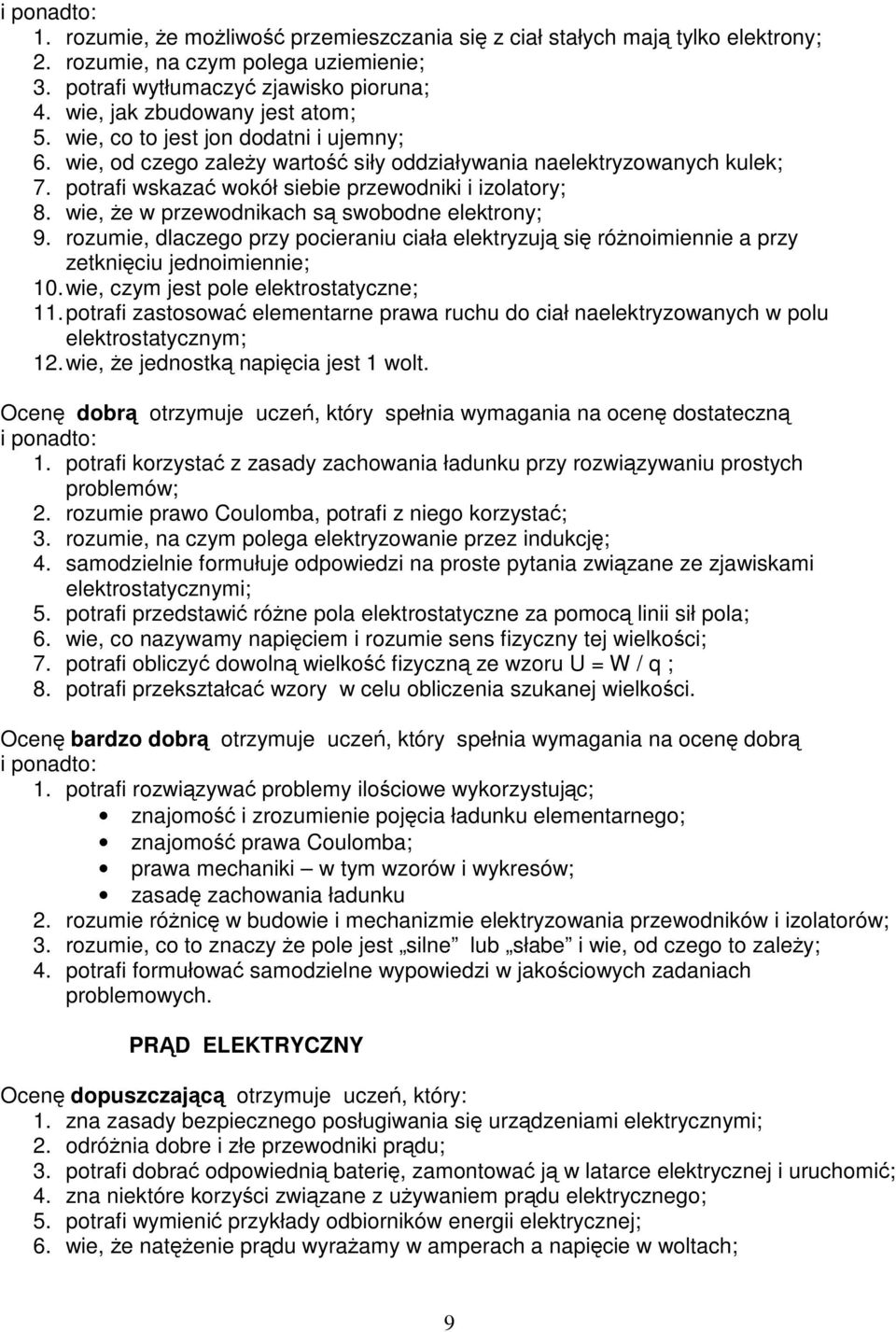 wie, że w przewodnikach są swobodne elektrony; 9. rozumie, dlaczego przy pocieraniu ciała elektryzują się różnoimiennie a przy zetknięciu jednoimiennie; 10.wie, czym jest pole elektrostatyczne; 11.