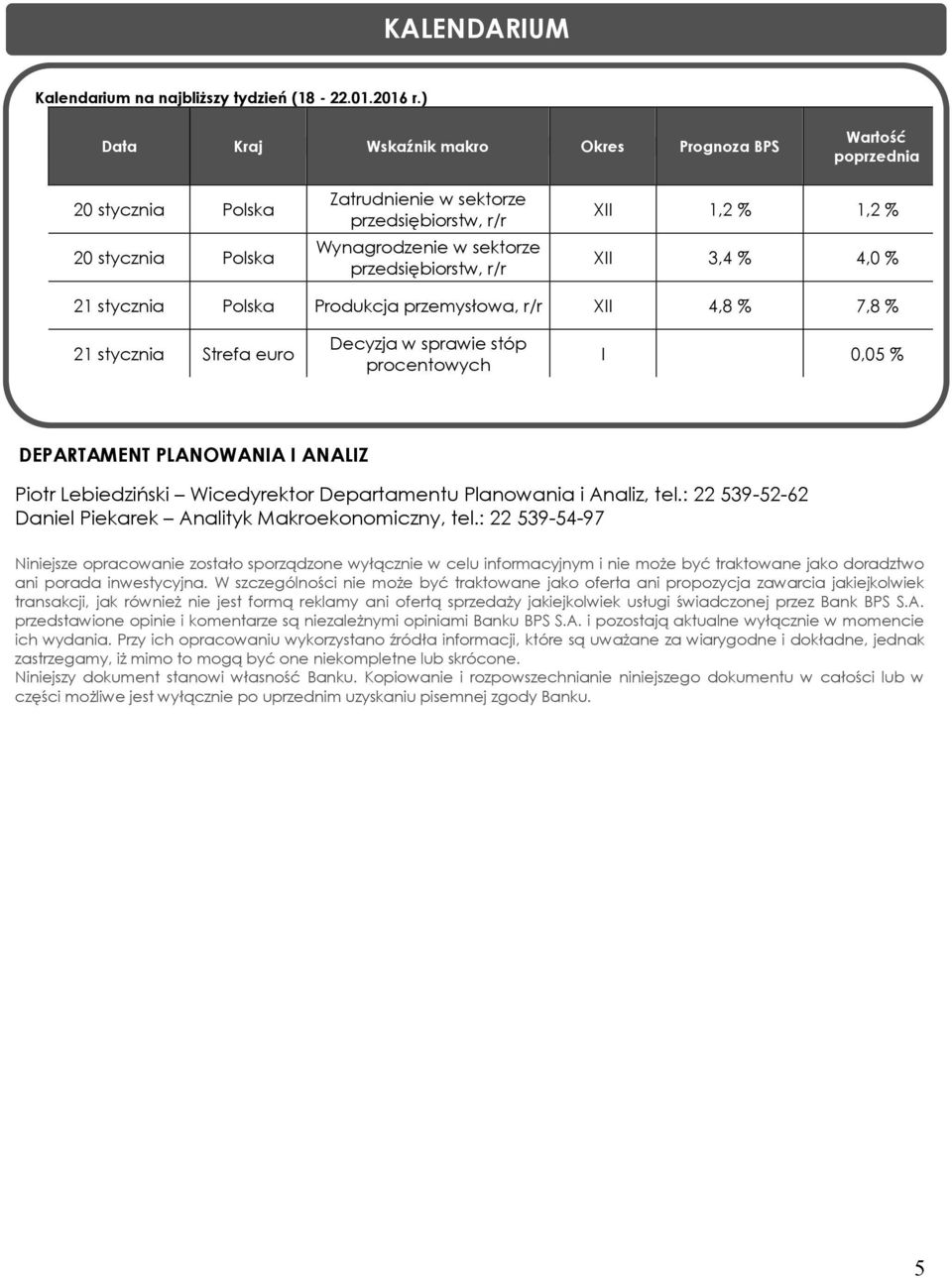 1,2 % 1,2 % XII 3,4 % 4,0 % 21 stycznia Polska Produkcja przemysłowa, r/r XII 4,8 % 7,8 % 21 stycznia Strefa euro Decyzja w sprawie stóp procentowych I 0,05 % DEPARTAMENT PLANOWANIA I ANALIZ Piotr