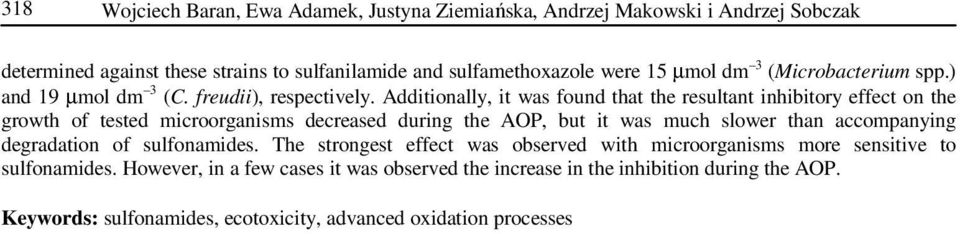 Additionally, it was found that the resultant inhibitory effect on the growth of tested microorganisms decreased during the AOP, but it was much slower than accompanying