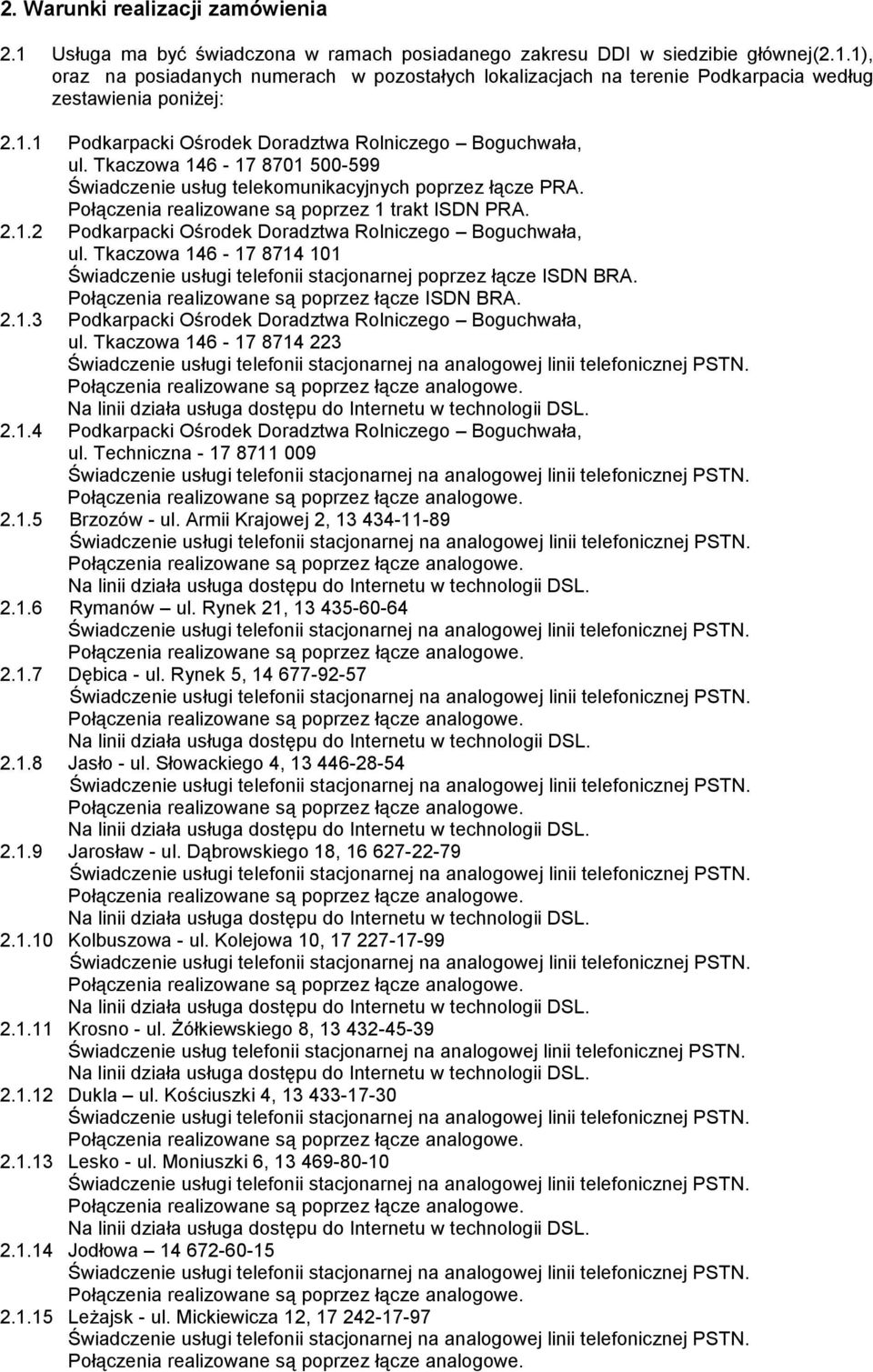 2.1.2 Podkarpacki Ośrodek Doradztwa Rolniczego Boguchwała, ul. Tkaczowa 146-17 8714 101 Świadczenie usługi telefonii stacjonarnej poprzez łącze ISDN BRA.